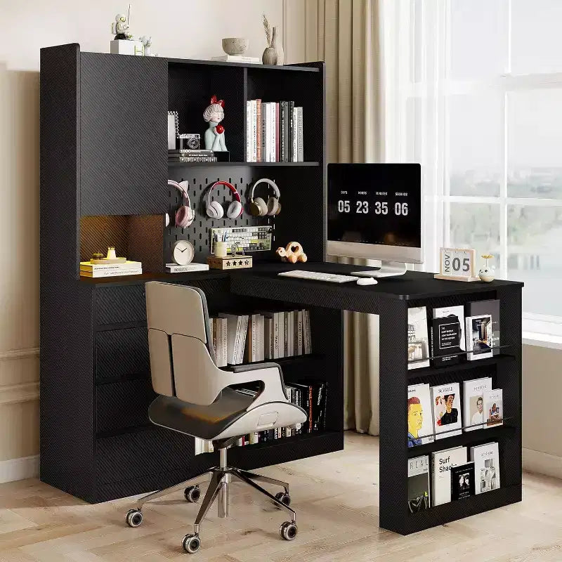 MooxvMoo L Shaped Wooden Right Desk with LED Lights Drawers and Bookshelf Modern Corner Computer Table for Home Office and Gaming Black