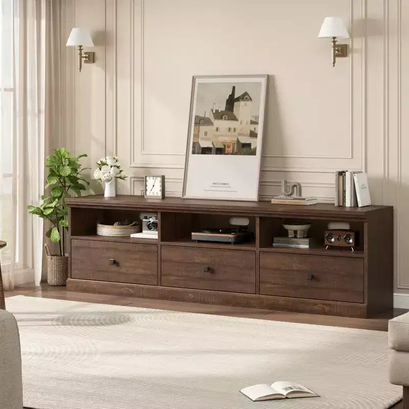 Meuble TV Console Media Mid-Century Moderne avec Tiroir de Rangement et Étagères Ouvertes
