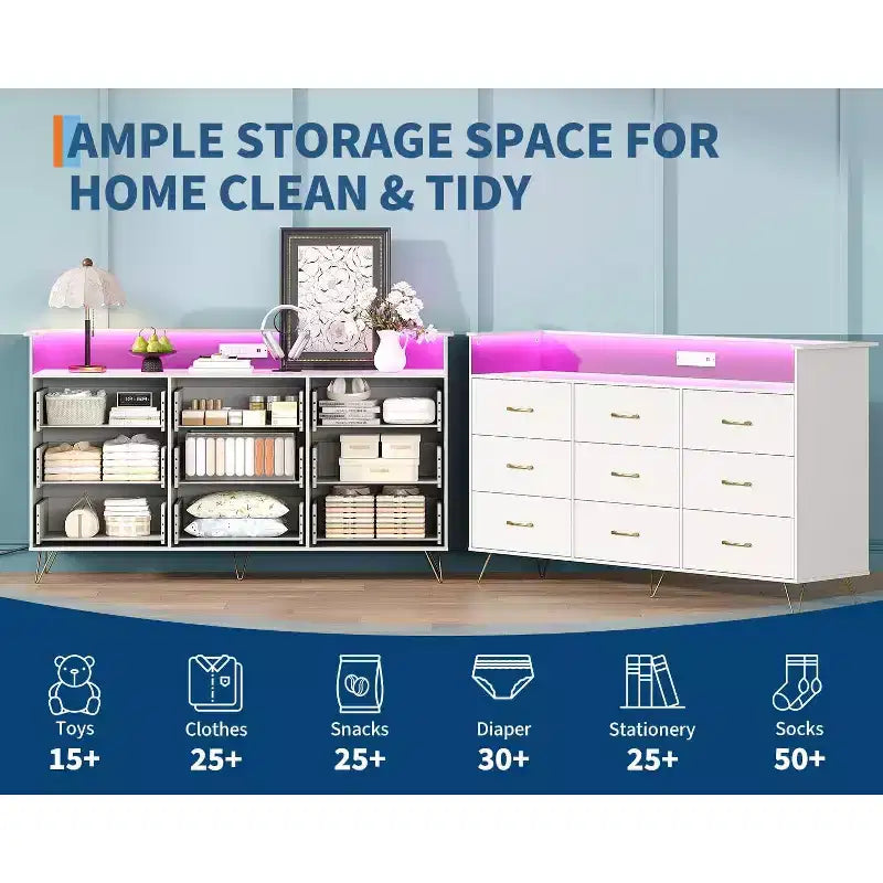 Commode haute moderne à 9 tiroirs avec lumières contrôlées par application et station de charge