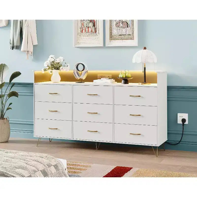 Commode haute moderne à 9 tiroirs avec lumières contrôlées par application et station de charge