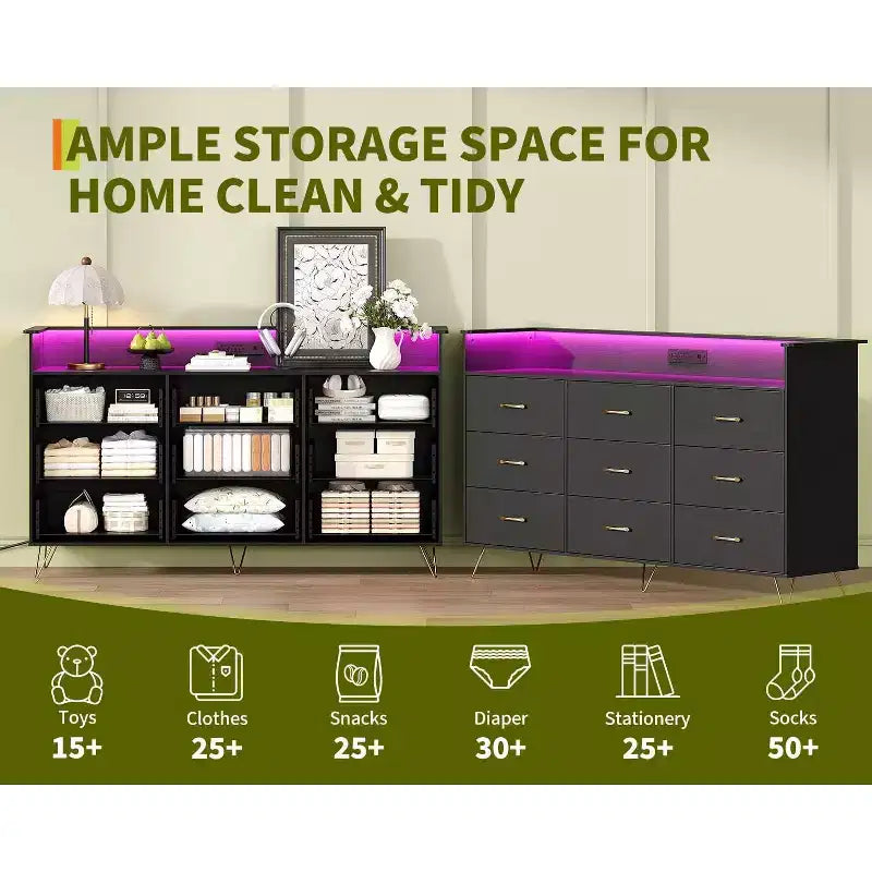 Commode haute moderne à 9 tiroirs avec lumières contrôlées par application et station de charge
