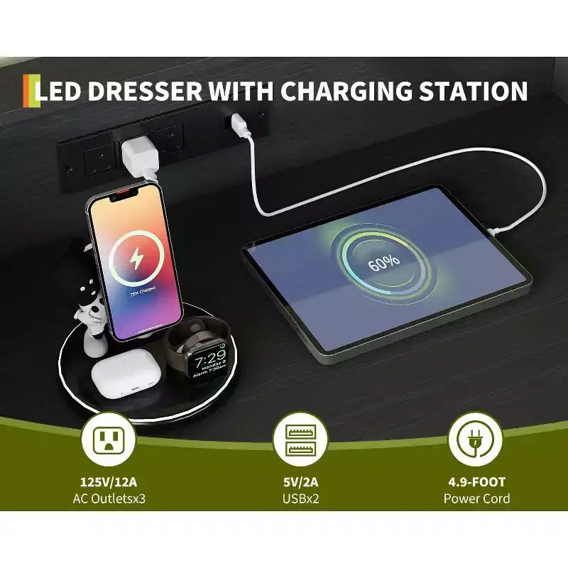 Commode haute moderne à 9 tiroirs avec lumières contrôlées par application et station de charge