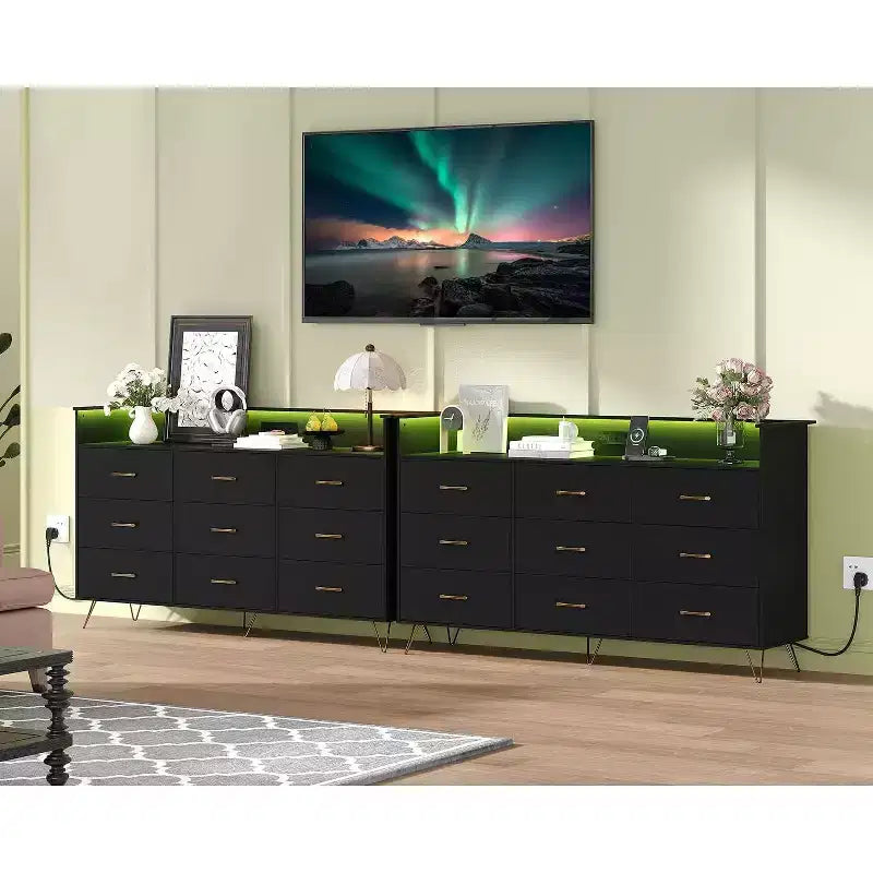 Commode haute moderne à 9 tiroirs avec lumières contrôlées par application et station de charge