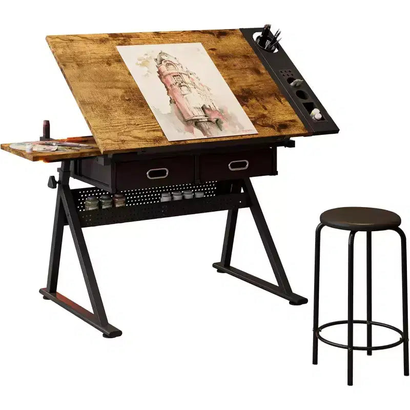 Height Adjustable Drafting Table with Stool 0-75 Tilting Drawing Desk&2 Storage Drawers Artist Workstation for Painting Crafting Writing & Sketching