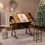 Table à dessin réglable en hauteur avec tabouret, bureau de dessin inclinable à 0-75° et 2 tiroirs de rangement