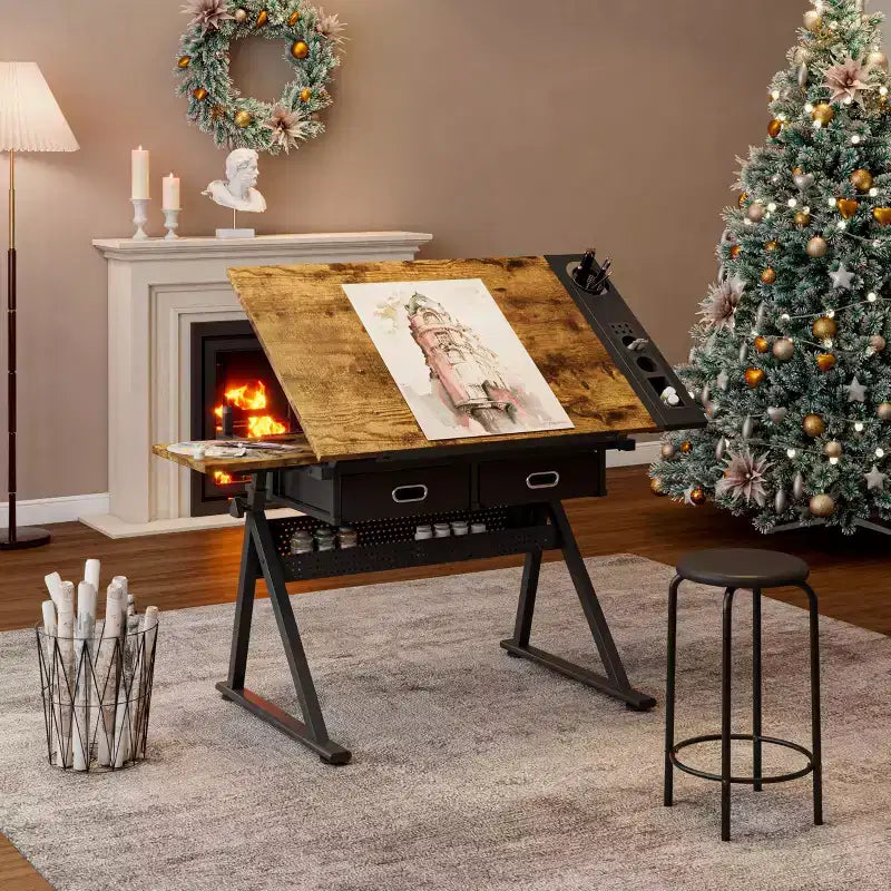 Table à dessin réglable en hauteur avec tabouret, bureau de dessin inclinable à 0-75° et 2 tiroirs de rangement