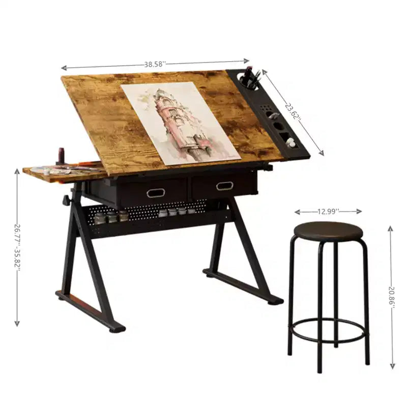 Table à dessin réglable en hauteur avec tabouret, bureau de dessin inclinable à 0-75° et 2 tiroirs de rangement