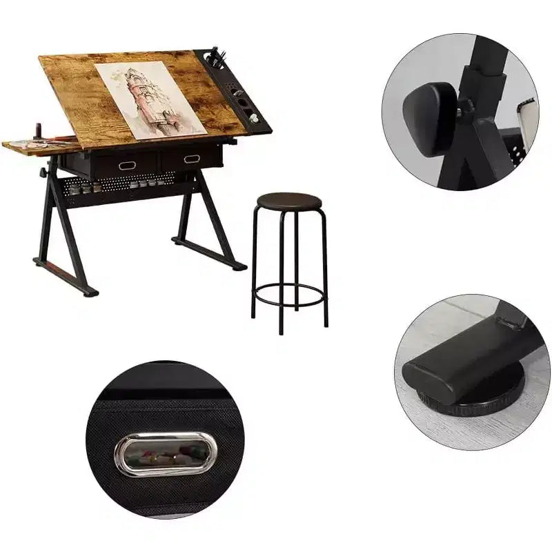 Table à dessin réglable en hauteur avec tabouret, bureau de dessin inclinable à 0-75° et 2 tiroirs de rangement