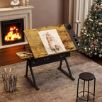 Table à dessin réglable en hauteur avec tabouret, bureau de dessin inclinable à 0-75° et 2 tiroirs de rangement