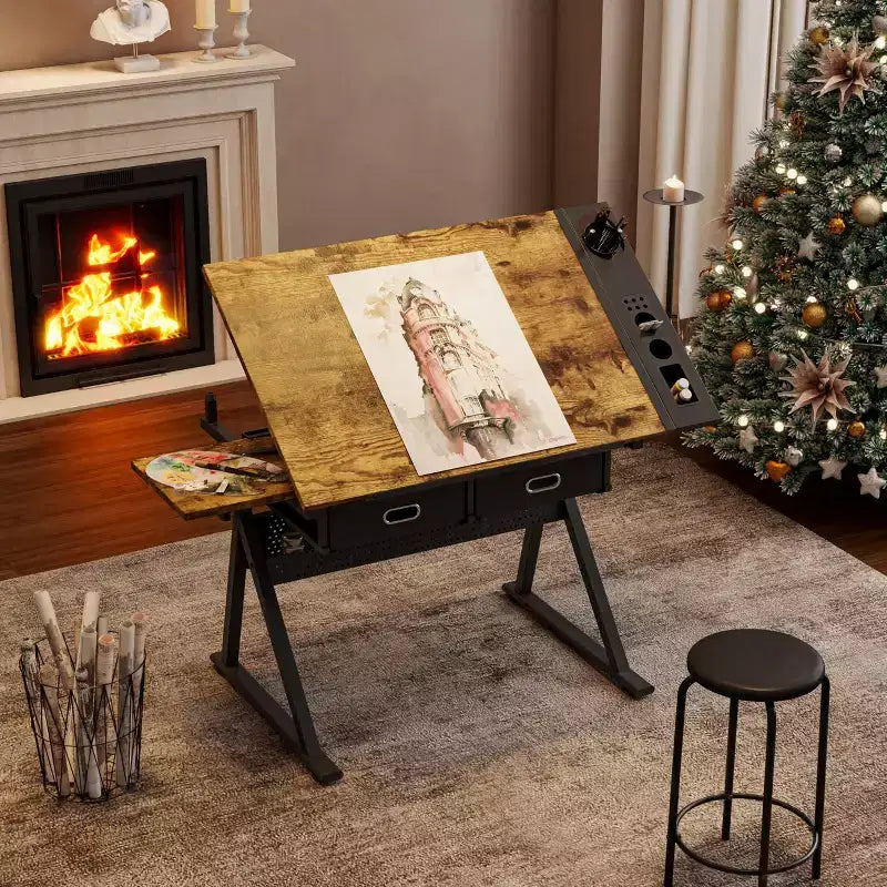 Table à dessin réglable en hauteur avec tabouret, bureau de dessin inclinable à 0-75° et 2 tiroirs de rangement