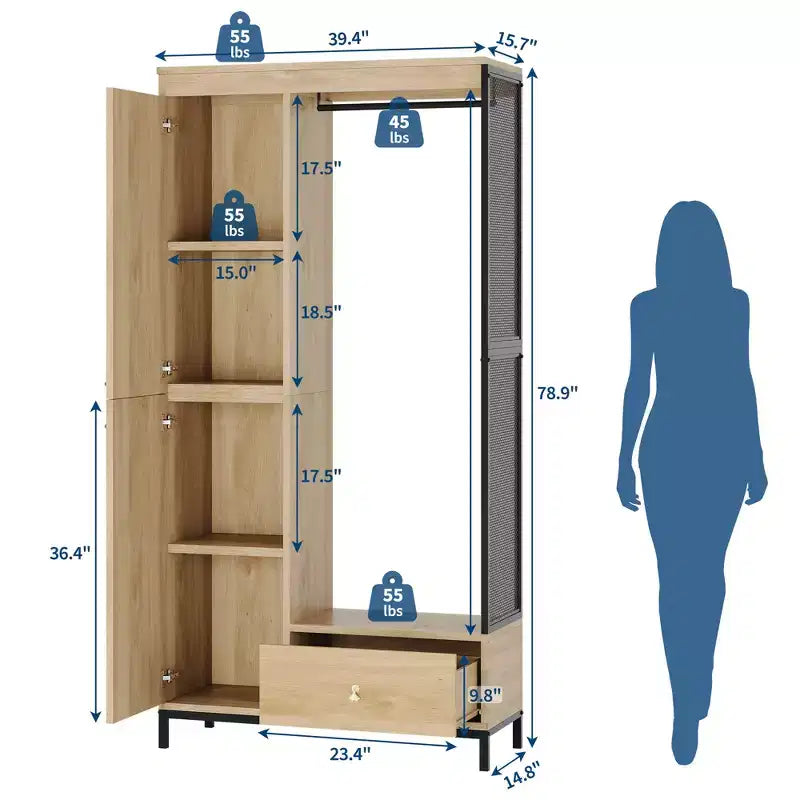 Organisateur de placard autoportant avec étagères et tringle à vêtements Portant à vêtements moderne en métal
