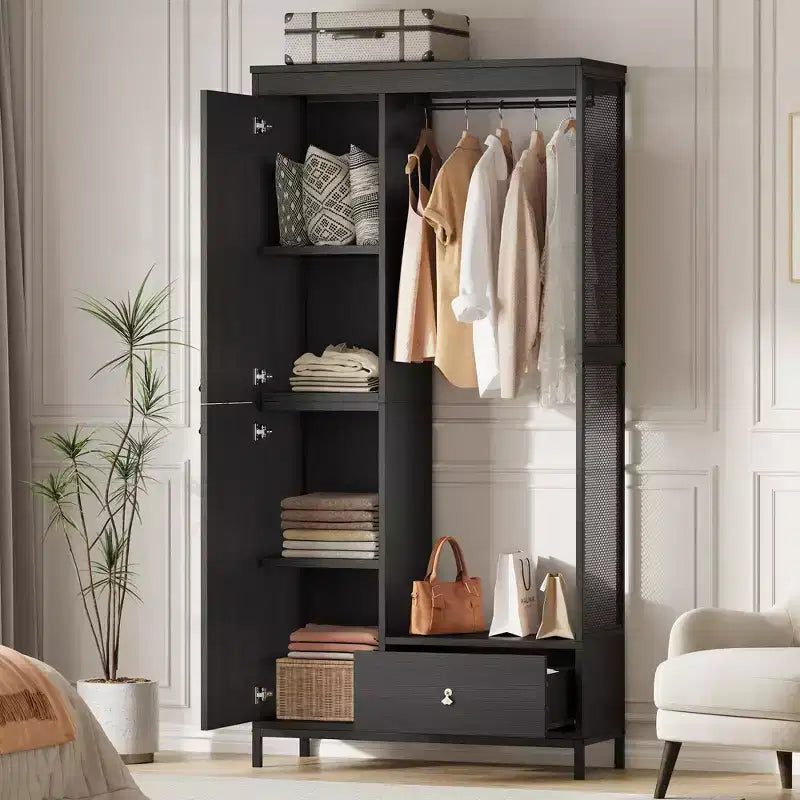 Freestanding Closet Organizer with Shelves & Hanging Rod Modern Metal Wardrobe Rack with Mesh Side & Drawer Space-Saving Clothes Storage System