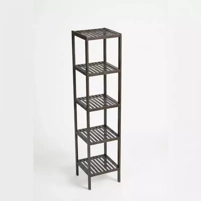 5-Tier Bamboo Shelf Narrow Plant Stand with Slatted Shelves Brown Wood Storage Rack for Bathroom Living Room Kitchen Bedroom