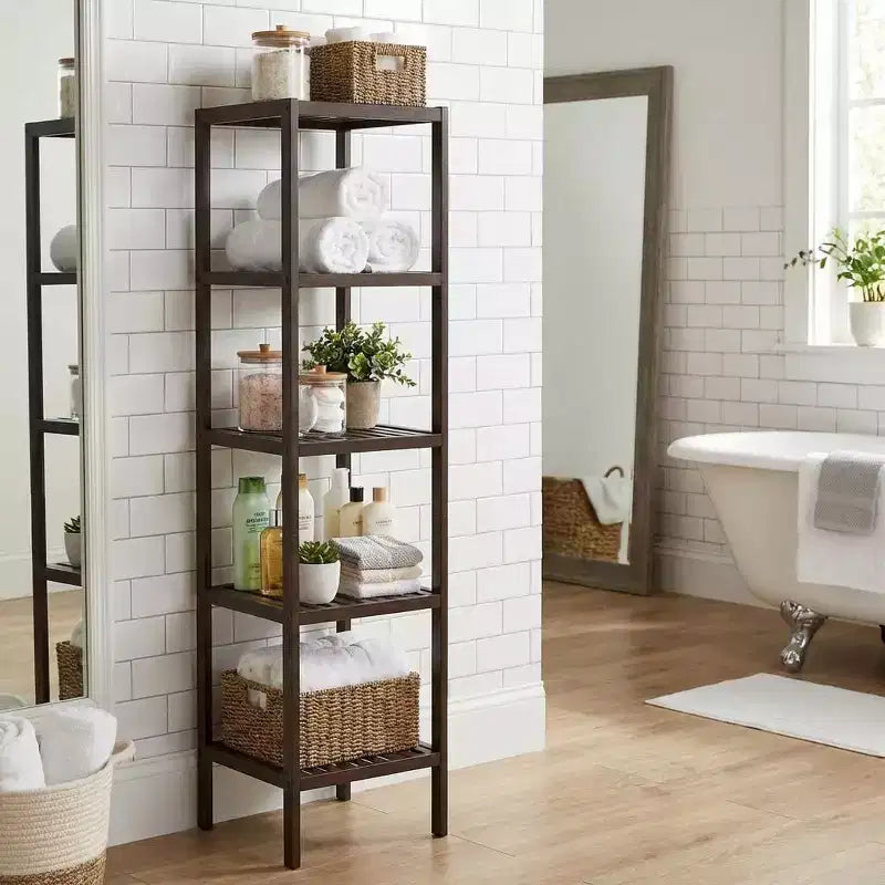 Étagère étroite à 5 niveaux en bambou, support pour plantes avec étagères à lattes, étagère de rangement en bois marron