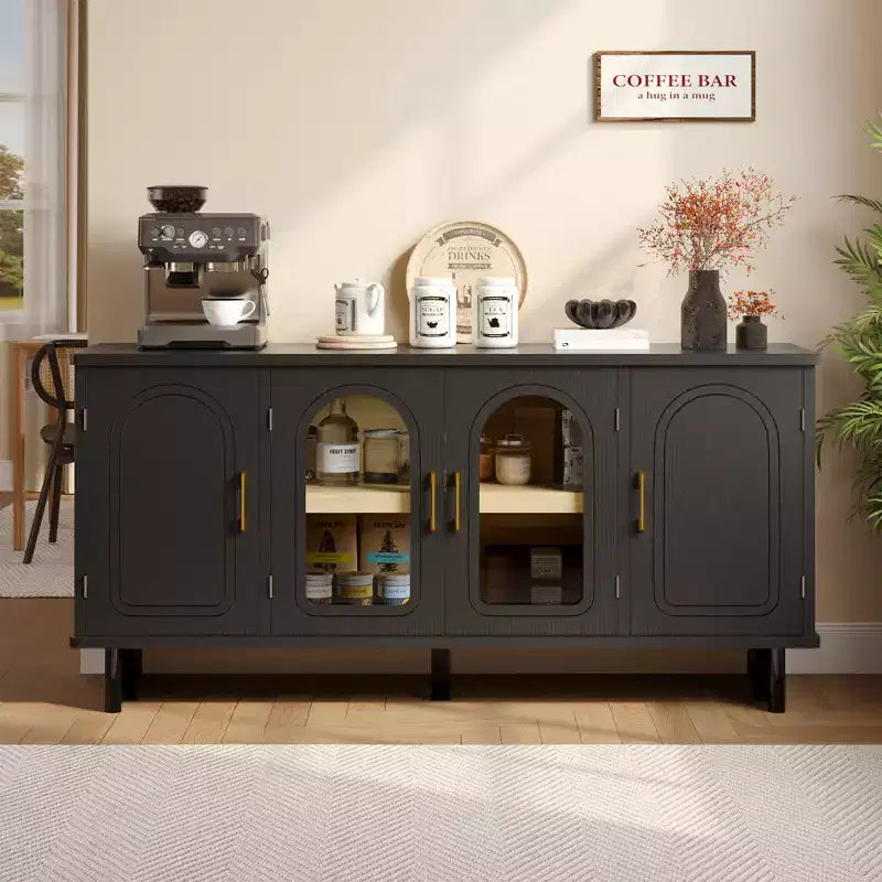 Meuble TV moderne avec portes en verre et étagères réglables