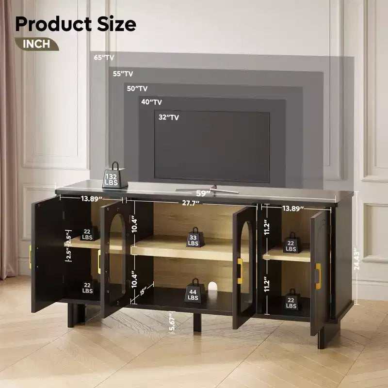 Meuble TV moderne avec portes en verre et étagères réglables
