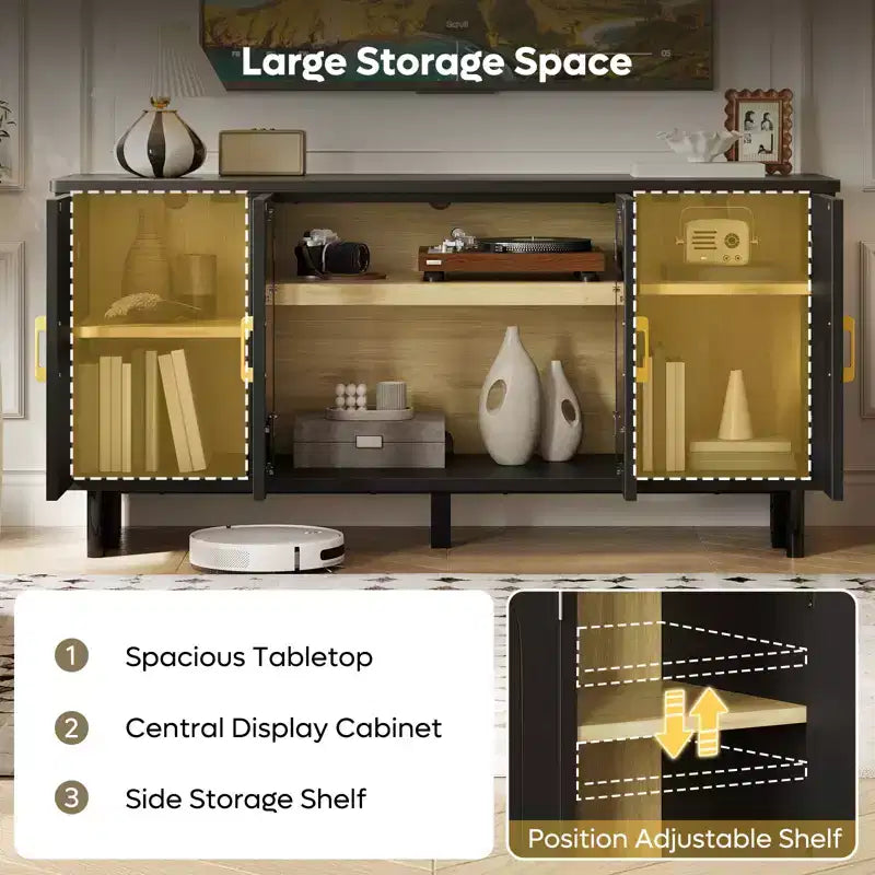 Meuble TV moderne avec portes en verre et étagères réglables
