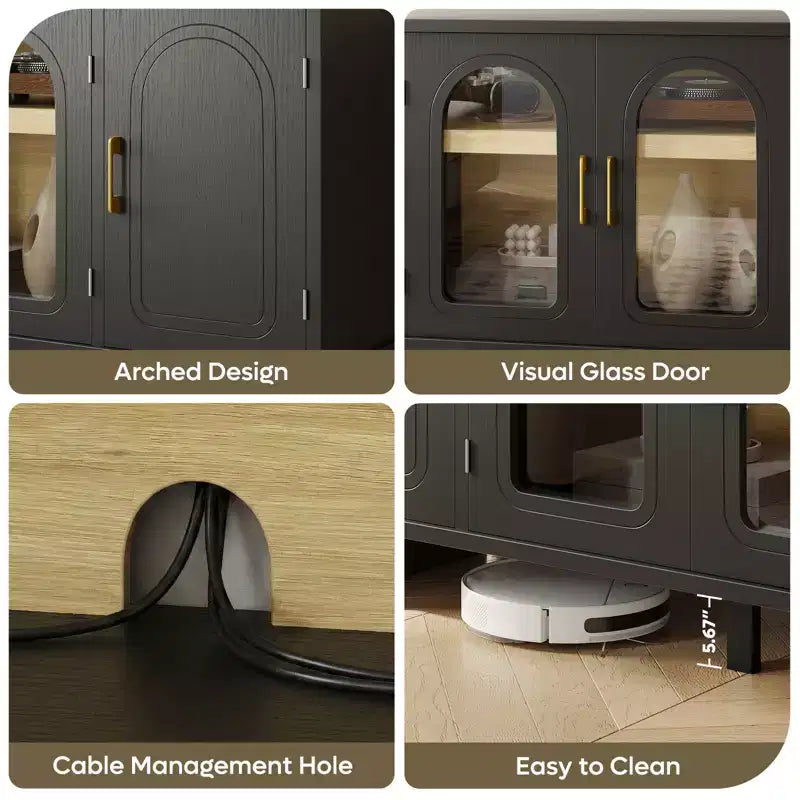 Meuble TV moderne avec portes en verre et étagères réglables