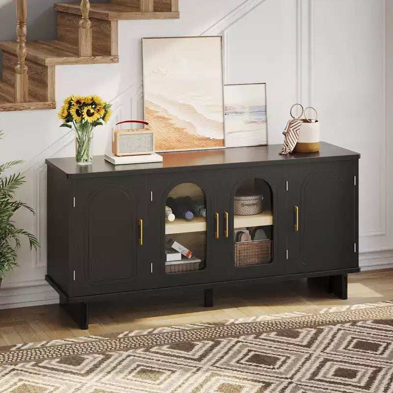 Meuble TV moderne avec portes en verre et étagères réglables