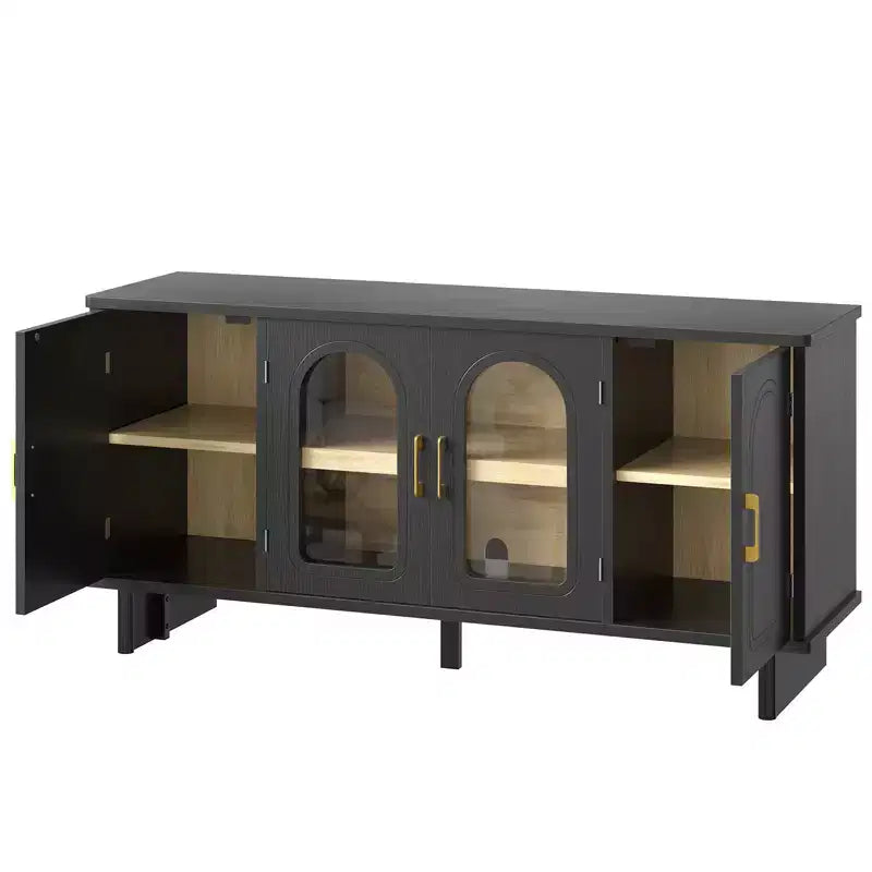 Meuble TV moderne avec portes en verre et étagères réglables