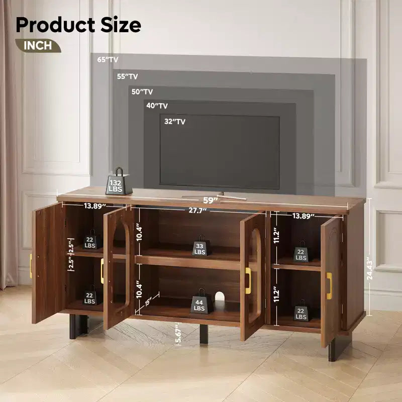 Meuble TV moderne avec portes en verre et étagères réglables