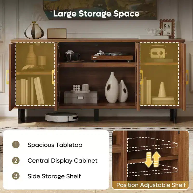 Meuble TV moderne avec portes en verre et étagères réglables