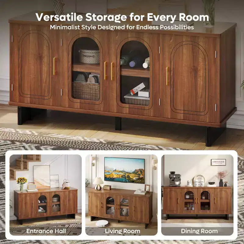 Meuble TV moderne avec portes en verre et étagères réglables