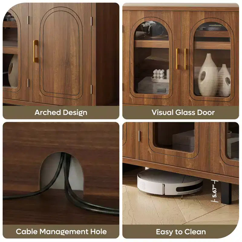 Meuble TV moderne avec portes en verre et étagères réglables