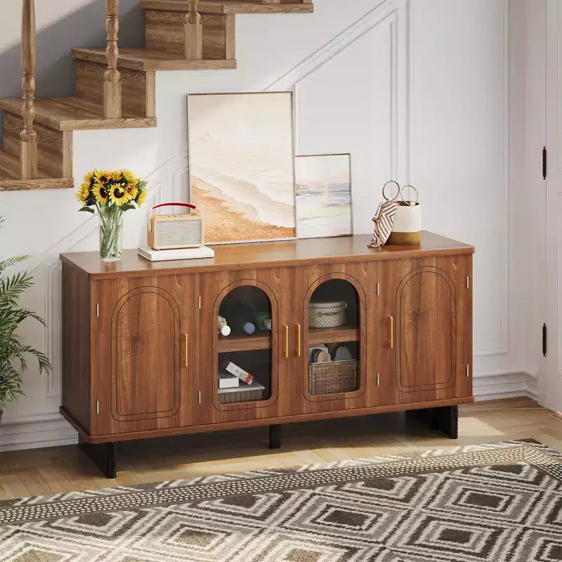 Meuble TV moderne avec portes en verre et étagères réglables