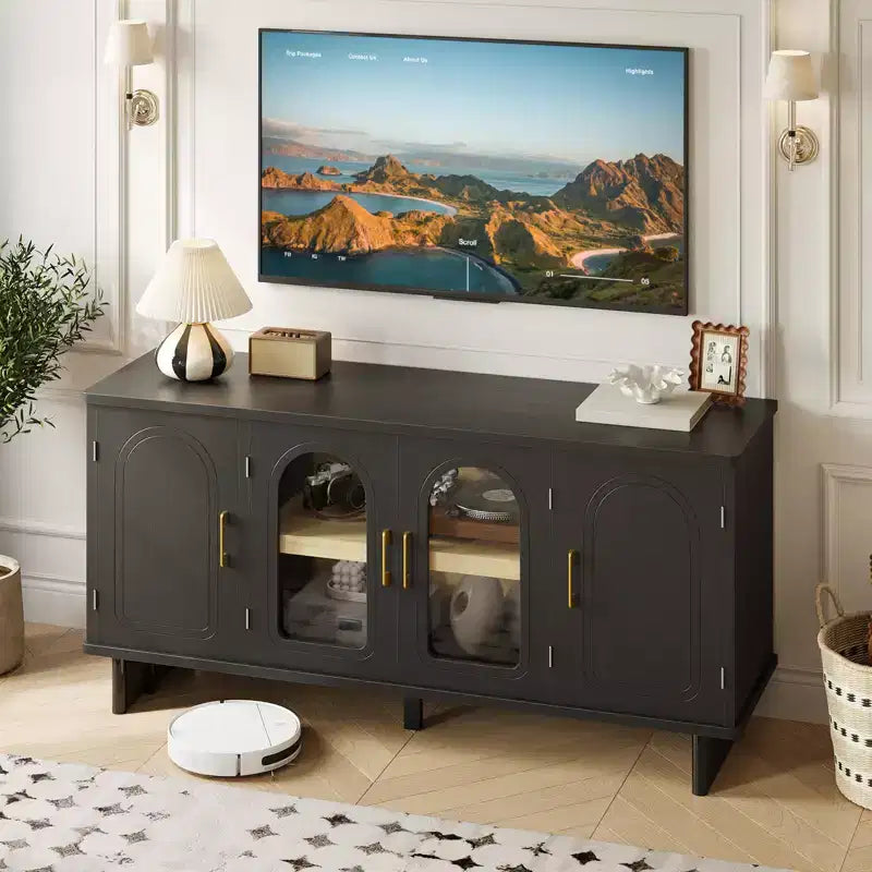 Meuble TV moderne avec portes en verre et étagères réglables