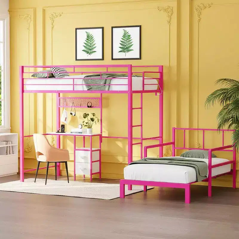 Lit superposé en métal une place avec bureau, tiroirs, bande LED et station de recharge USB