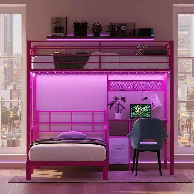 Lit superposé en métal une place avec bureau, tiroirs, bande LED et station de recharge USB