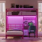 Lit superposé en métal une place avec bureau, tiroirs, bande LED et station de recharge USB