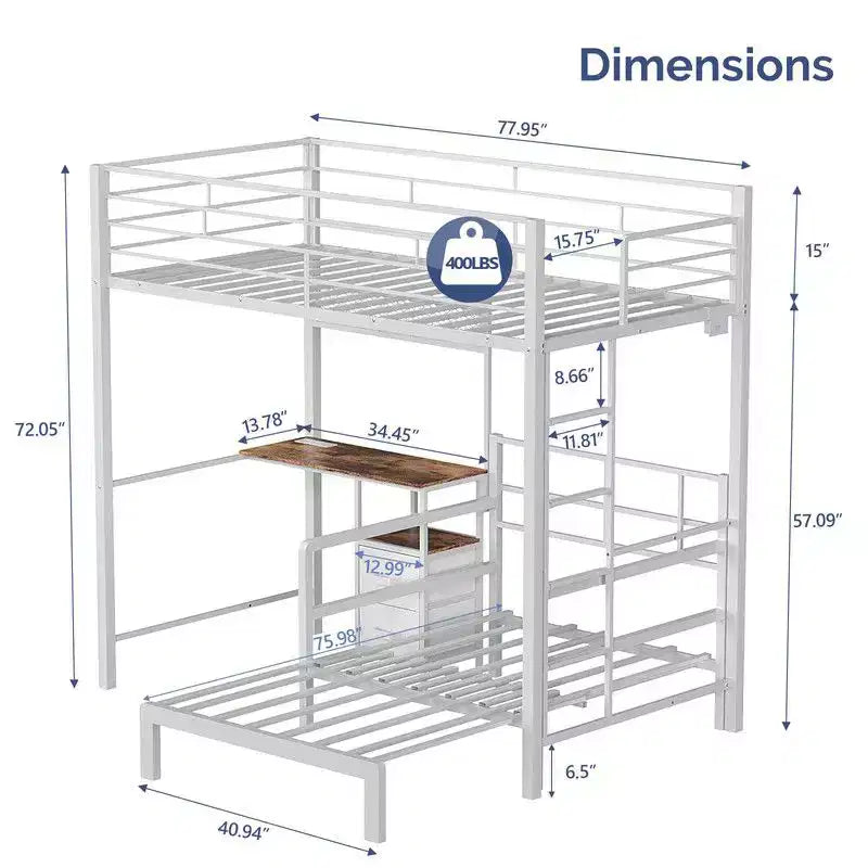 Lit superposé en métal une place avec bureau, tiroirs, bande LED et station de recharge USB