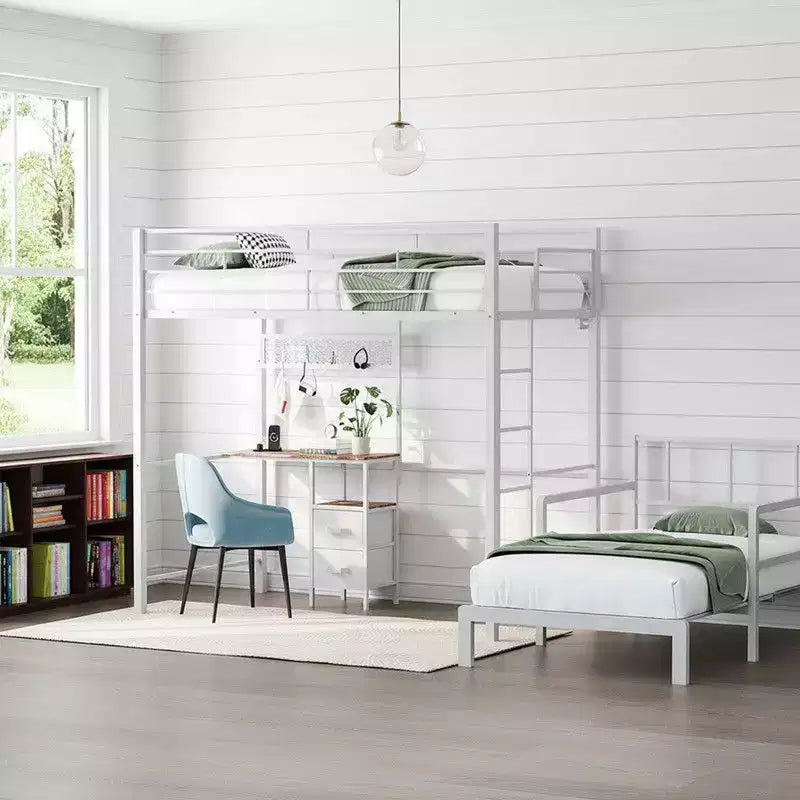 Lit superposé en métal une place avec bureau, tiroirs, bande LED et station de recharge USB