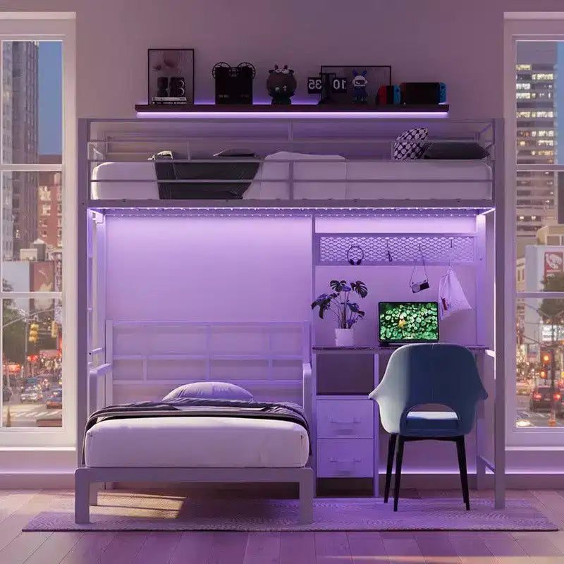 Lit superposé en métal une place avec bureau, tiroirs, bande LED et station de recharge USB