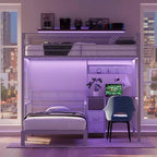 Lit superposé en métal une place avec bureau, tiroirs, bande LED et station de recharge USB