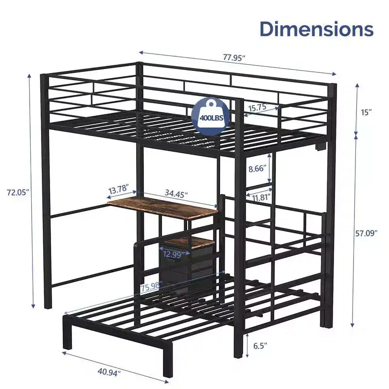 Lit superposé en métal une place avec bureau, tiroirs, bande LED et station de recharge USB