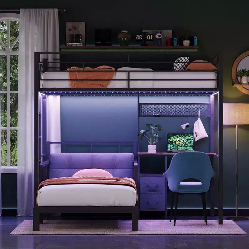 Lit superposé en métal une place avec bureau, tiroirs, bande LED et station de recharge USB