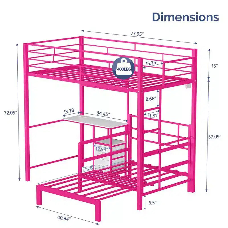 Lit superposé en métal une place avec bureau, tiroirs, bande LED et station de recharge USB
