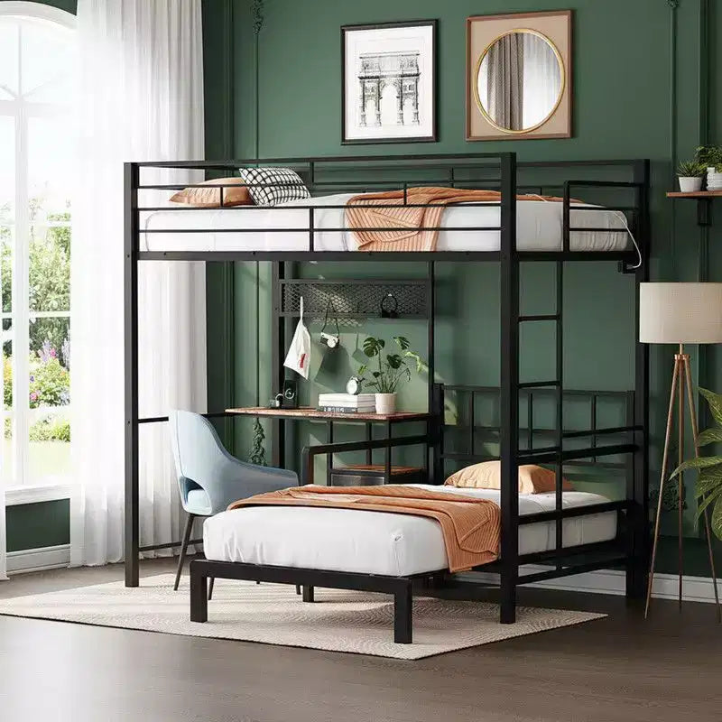 Lit superposé en métal une place avec bureau, tiroirs, bande LED et station de recharge USB