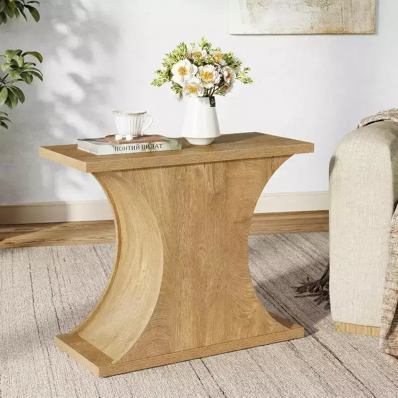Lantine 31.5 Modern Rectangle Narrow End Table with Hourglass Base Farmhouse Wooden Nightstand for Small Spaces Living Room Bedroom.