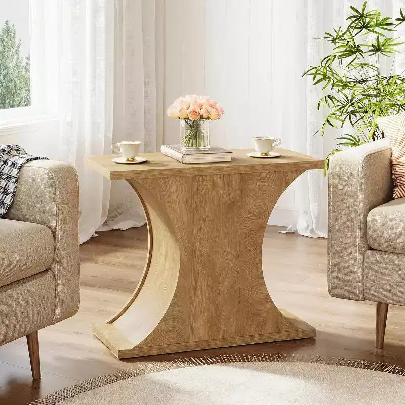 Table d'appoint rectangulaire moderne et étroite avec base en sablier, table de chevet rustique en bois