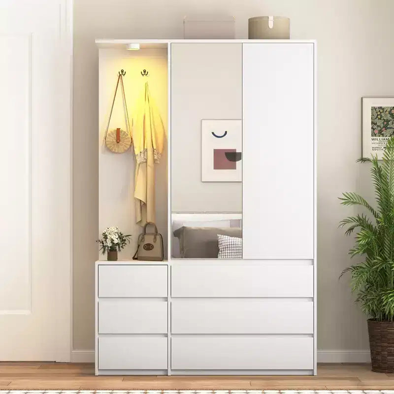JVNOXK Modern White Wooden Wardrobe Closet 71.7 H 2 Doors 6 Drawers Bedroom Armoire with Hanging Rail & Storage Shelves