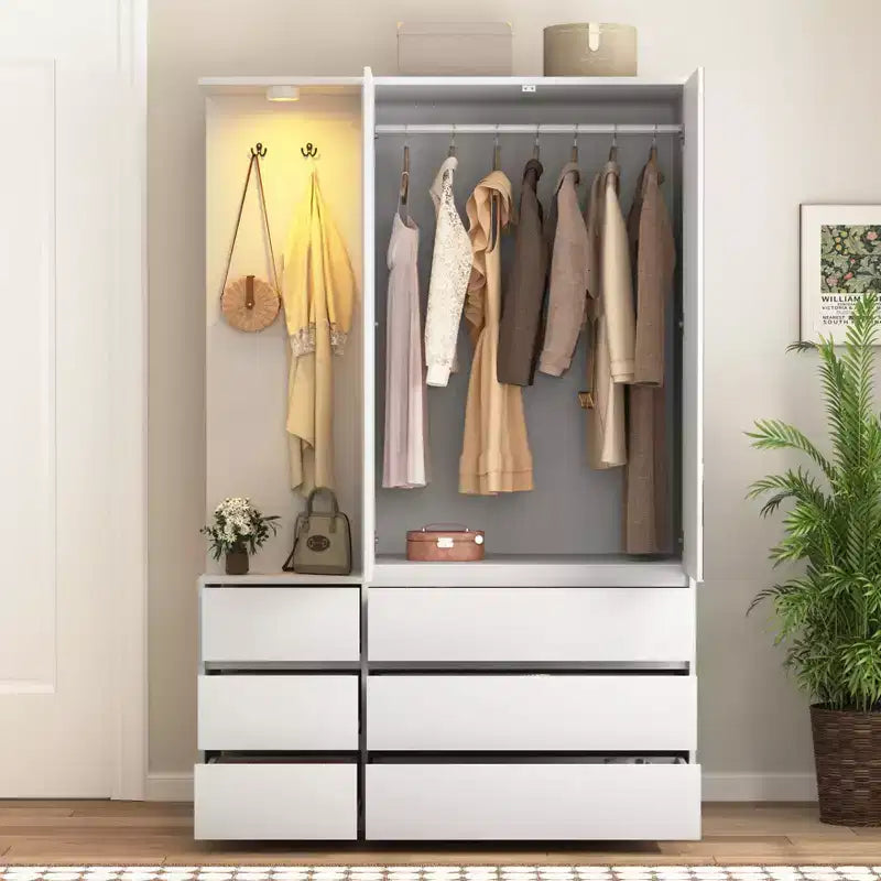 Jolie armoire de chambre moderne en bois blanc à 2 portes et 6 tiroirs