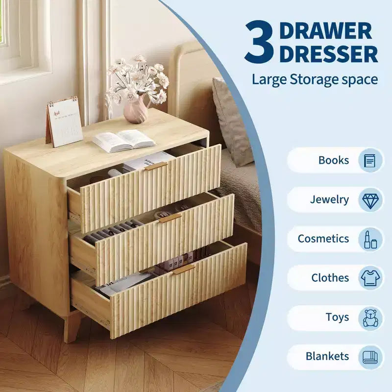 Table de chevet cannelée avec 3 tiroirs Commode moderne en bois