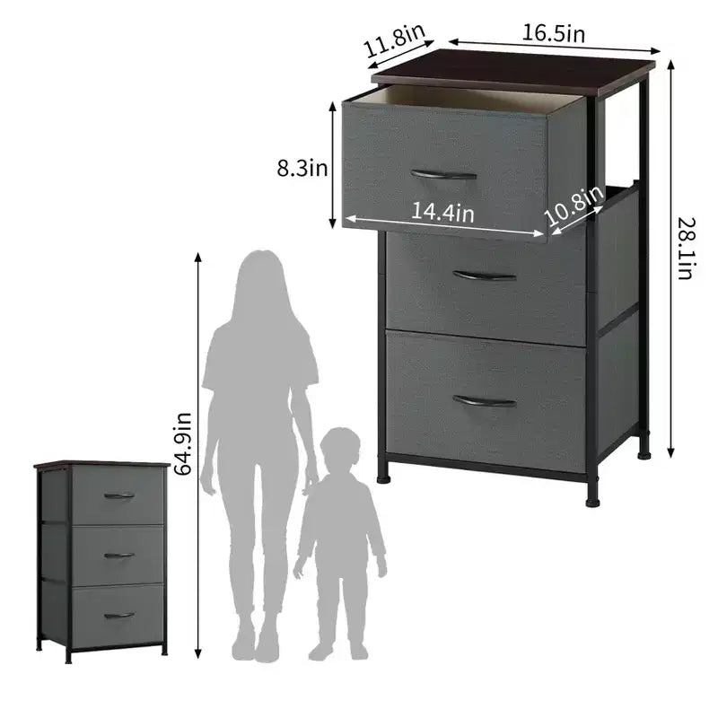 Commode étroite à 3 tiroirs avec bacs en tissu amovibles