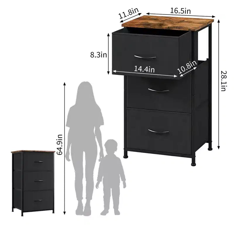 Commode étroite à 3 tiroirs avec bacs en tissu amovibles