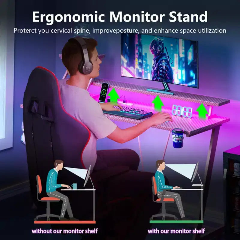 Bureau de jeu rose en forme de L avec étagères et support d'écran, poste de travail pour gamer