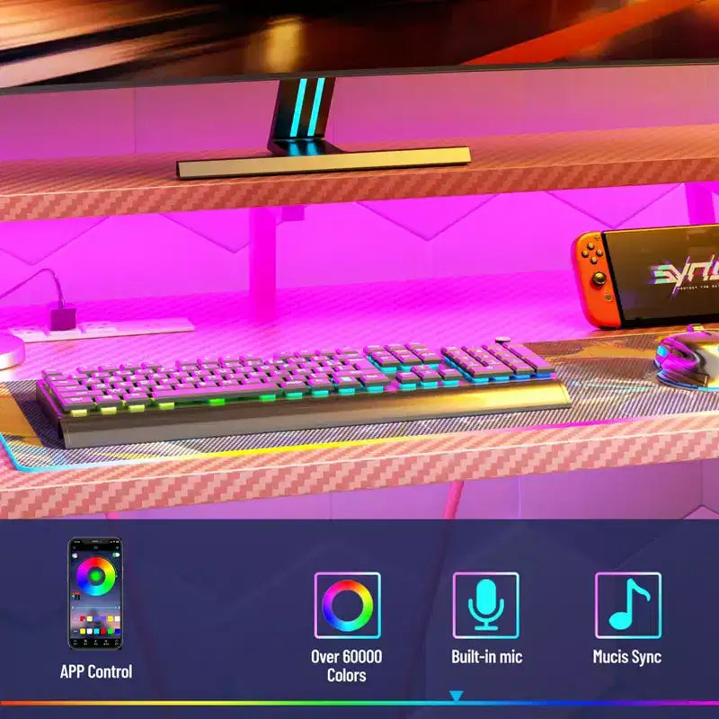 Bureau de jeu rose en forme de L avec étagères et support d'écran, poste de travail pour gamer